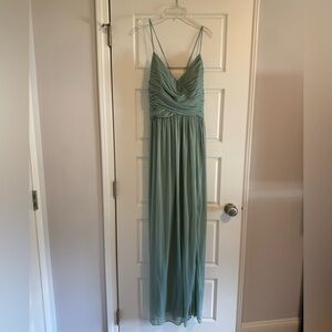David’s Bridal long mesh bridesmaid dress with lace-up back